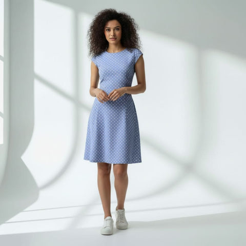 The Polka Blue Viscose WFH A-Line Dress