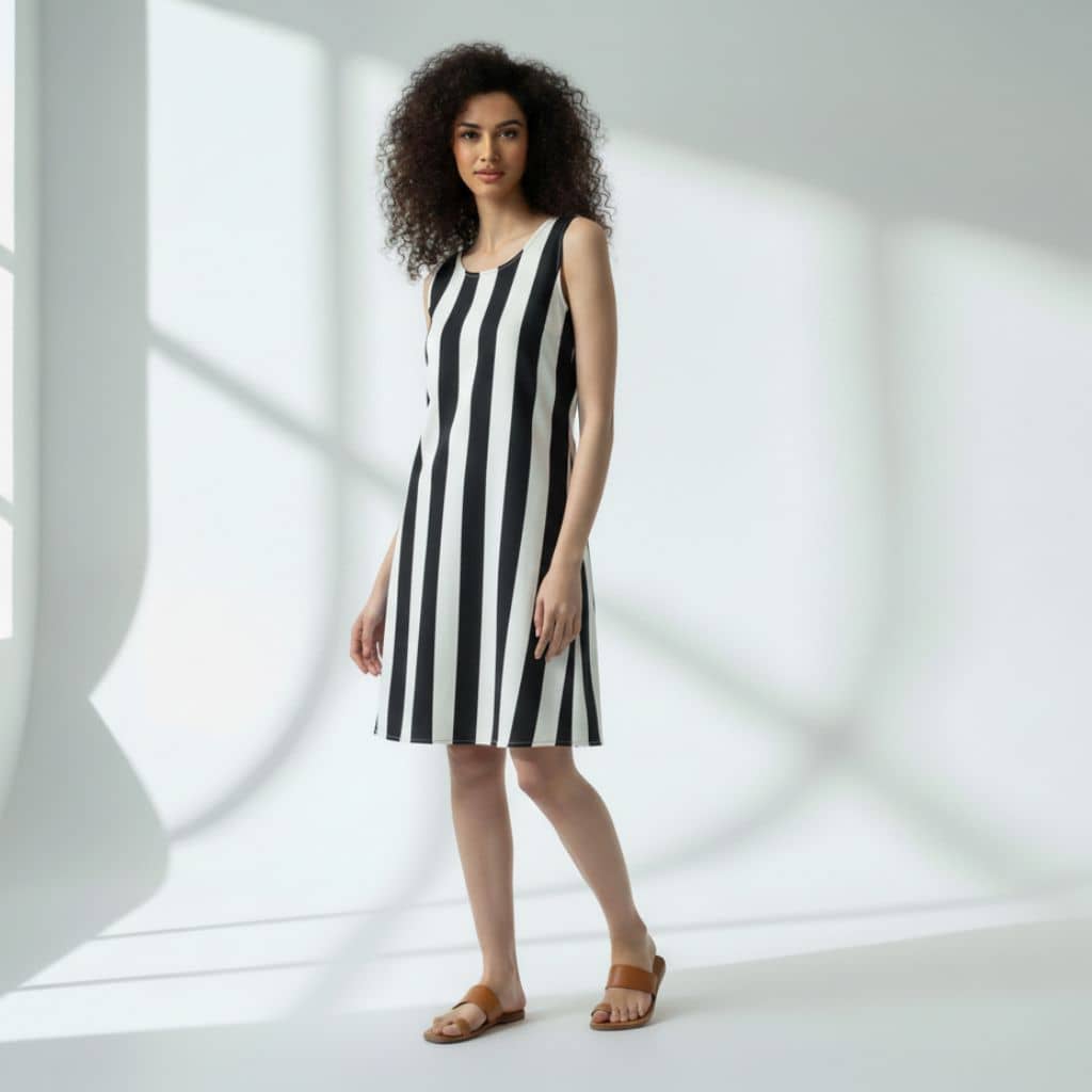 The Vertical Broad Stripe Viscose WFH A-Line Dress