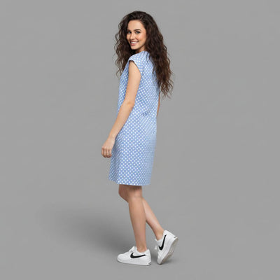 The Polka Blue Viscose WFH A-Line Dress