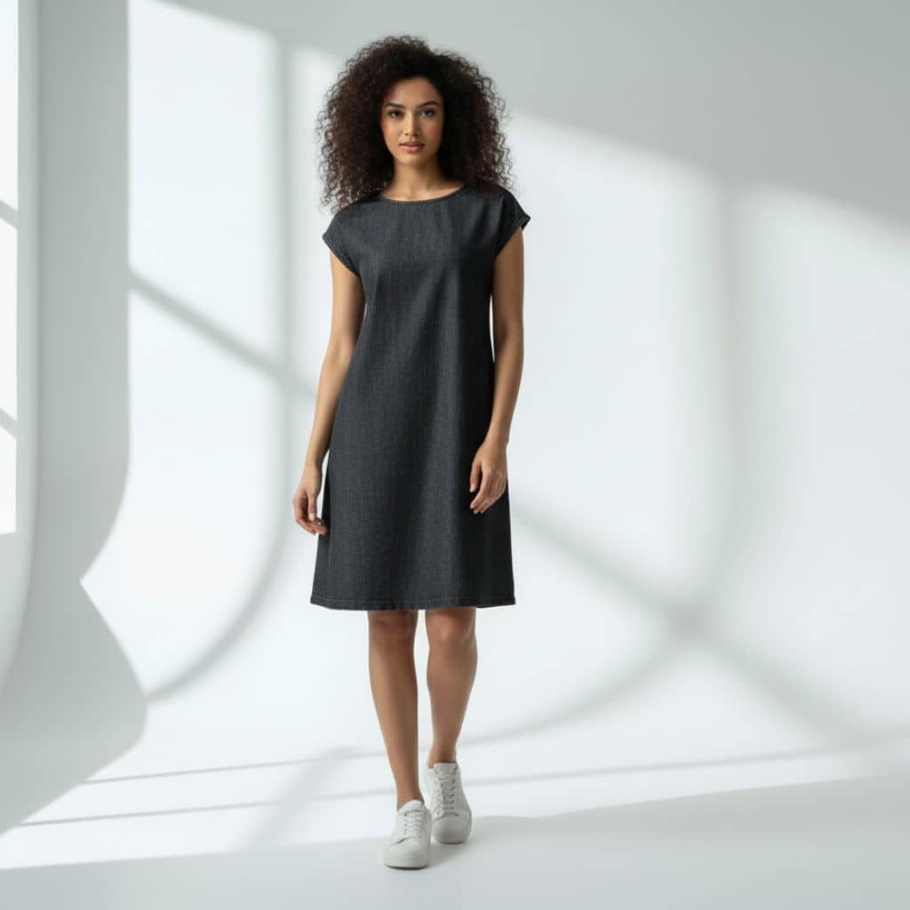 The Chambray Denim Solid WFH A-Line Dress