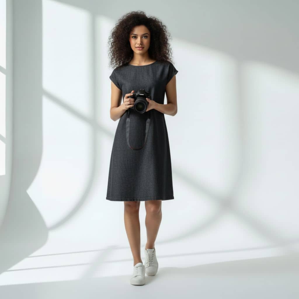 The Chambray Denim Solid WFH A-Line Dress