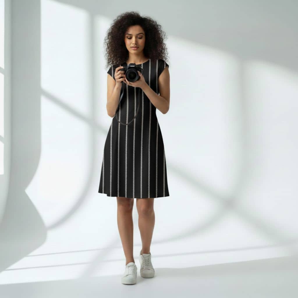 The Zig-Zag Stripe Black Viscose WFH A-Line Dress