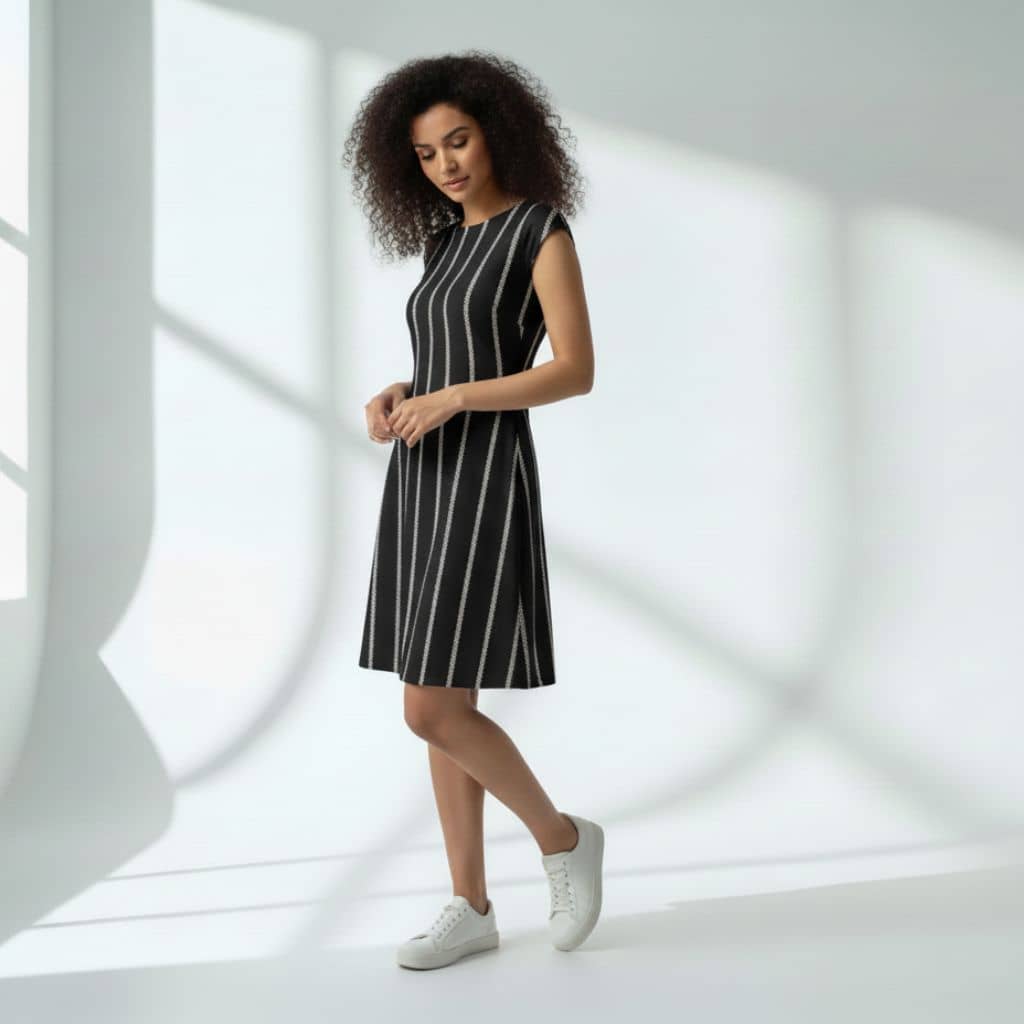 The Zig-Zag Stripe Black Viscose WFH A-Line Dress