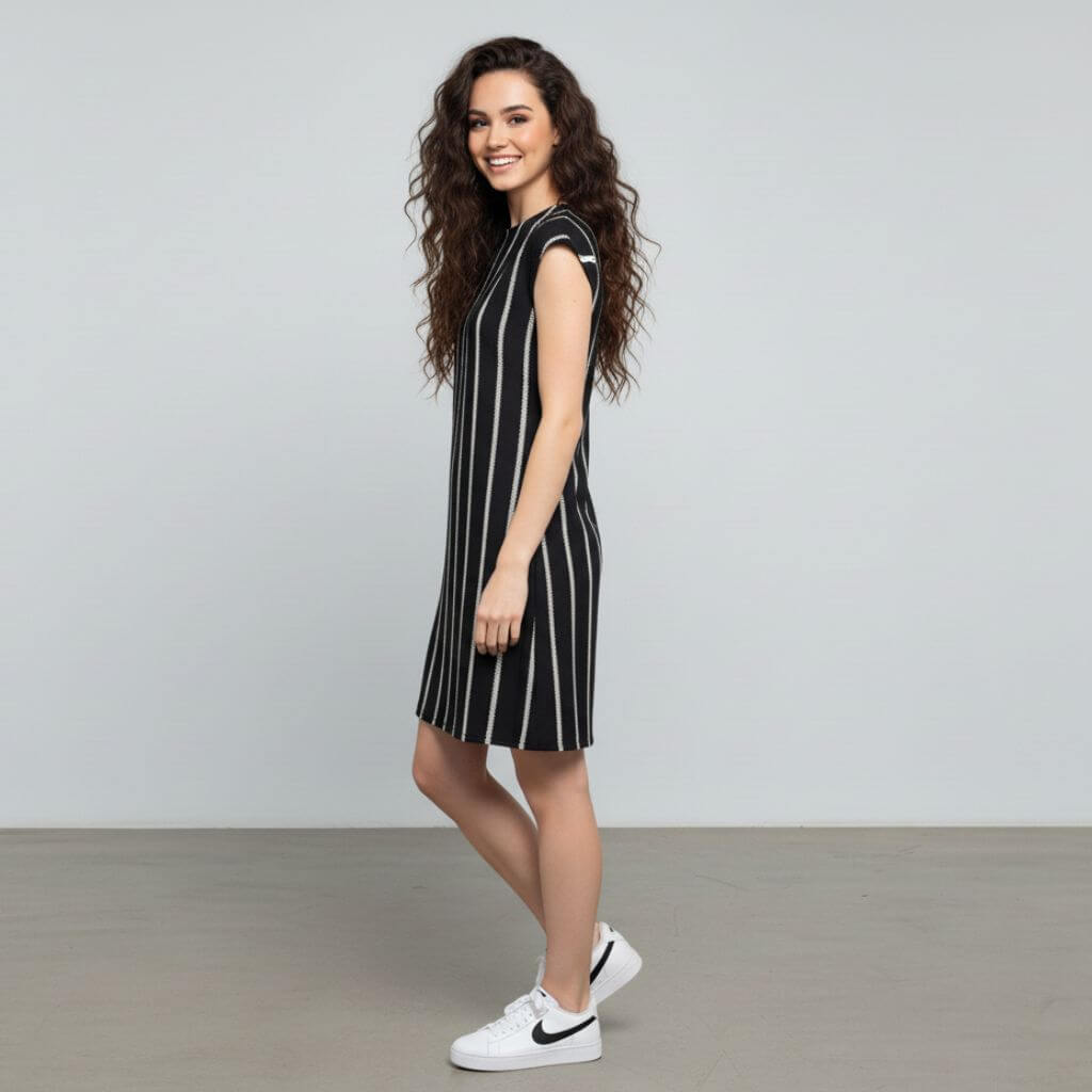 The Zig-Zag Stripe Black Viscose WFH A-Line Dress