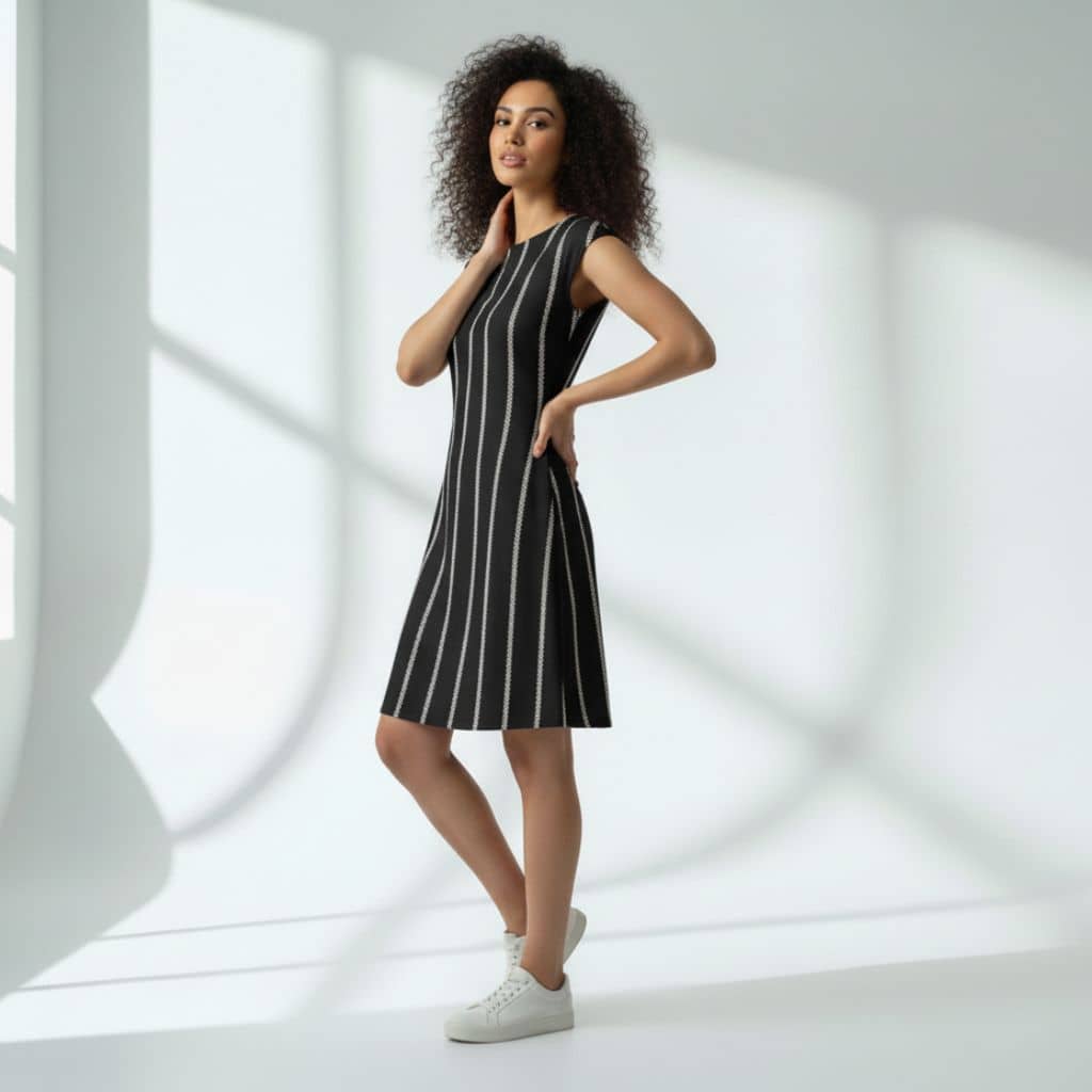 The Zig-Zag Stripe Black Viscose WFH A-Line Dress