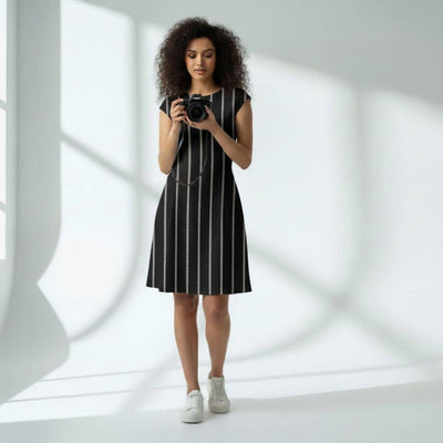 The Zig-Zag Stripe Black Viscose WFH A-Line Dress