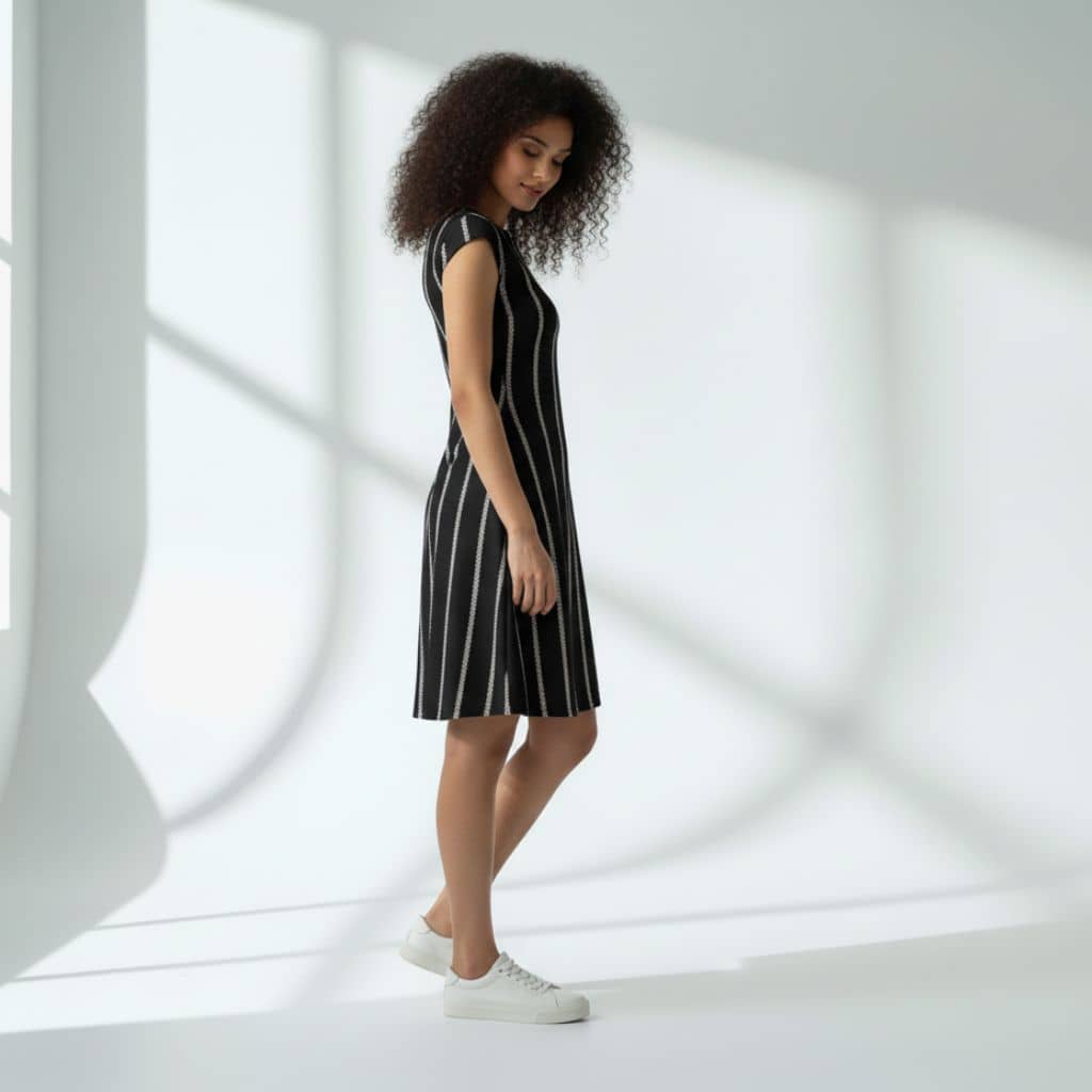 The Zig-Zag Stripe Black Viscose WFH A-Line Dress