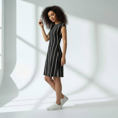 The Zig-Zag Stripe Black Viscose WFH A-Line Dress