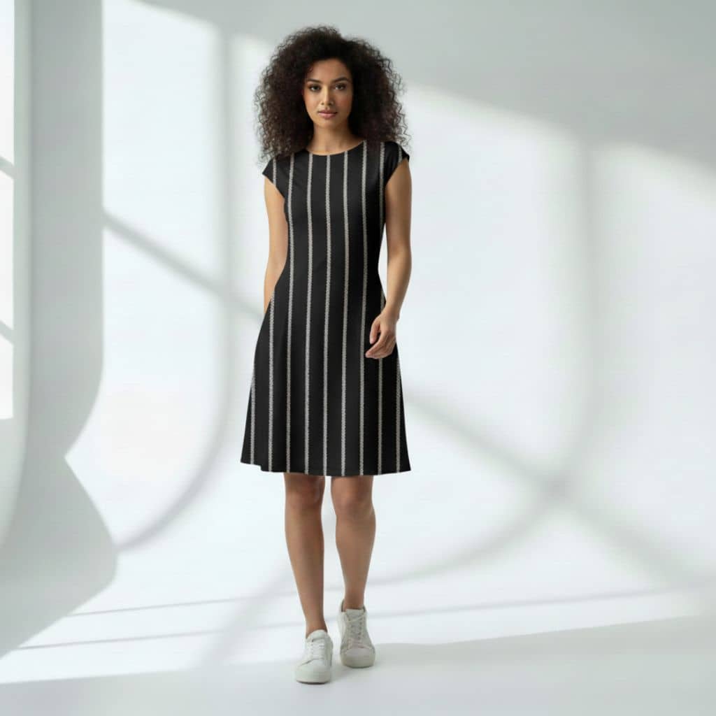 The Zig-Zag Stripe Black Viscose WFH A-Line Dress