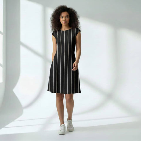 The Zig-Zag Stripe Black Viscose WFH A-Line Dress