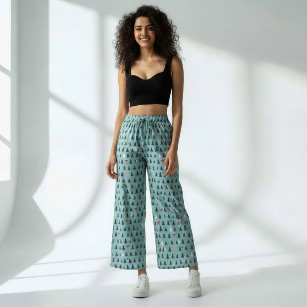 The Christmas Tree Motifs  Cotton Wide Leg Pant