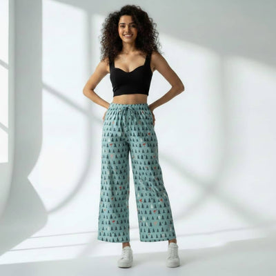 The Christmas Tree Motifs  Cotton Wide Leg Pant