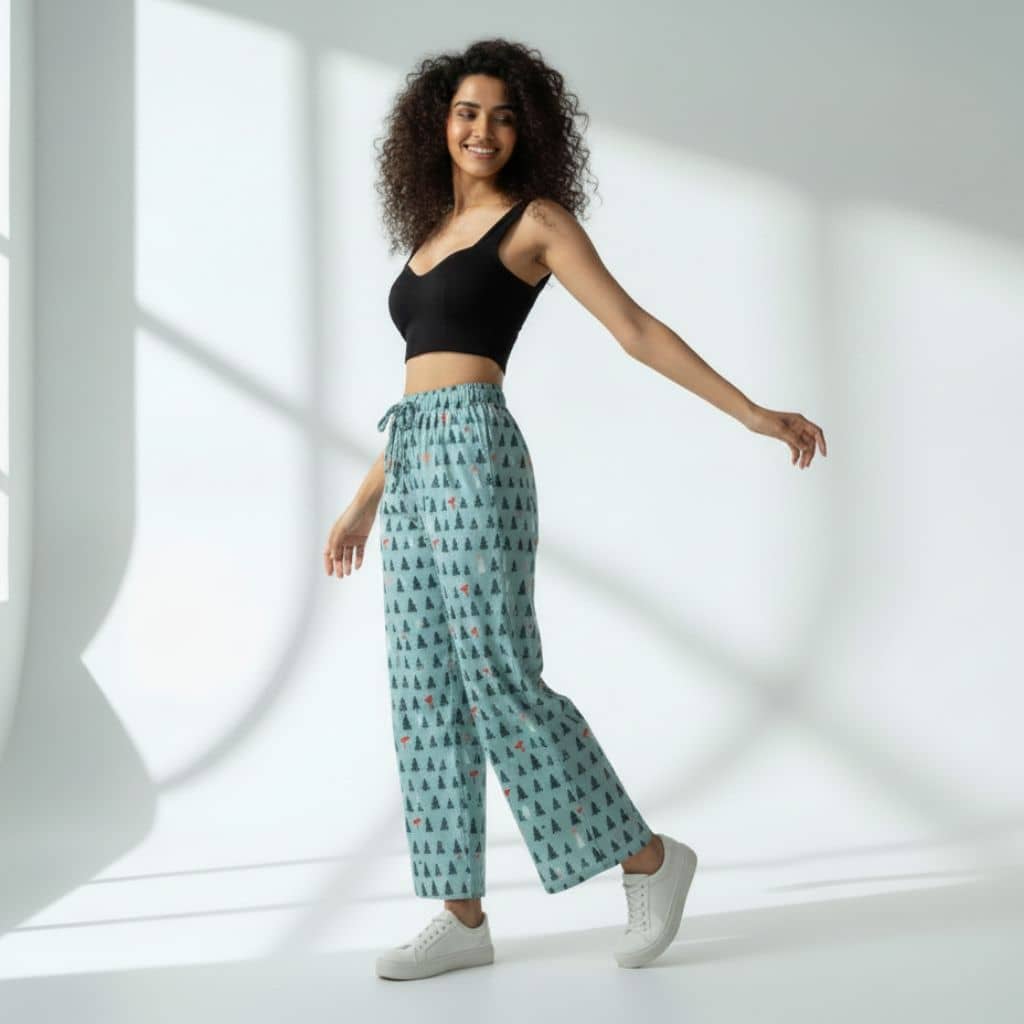 The Christmas Tree Motifs  Cotton Wide Leg Pant