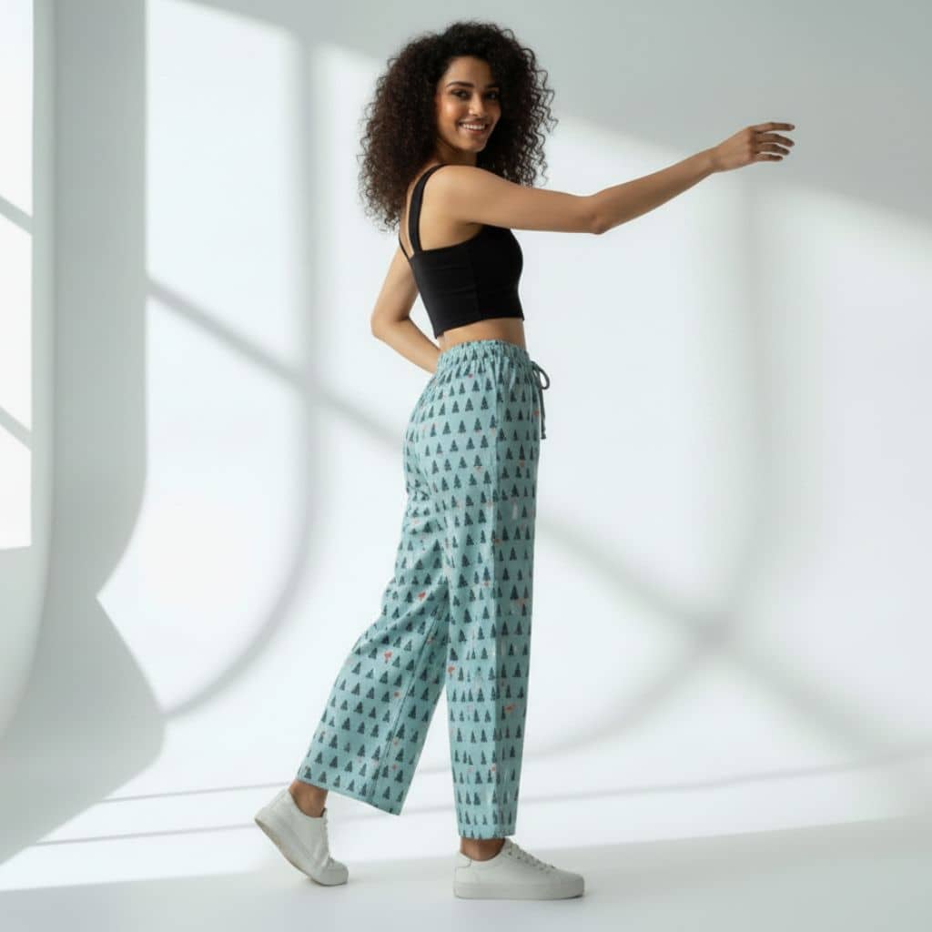 The Christmas Tree Motifs  Cotton Wide Leg Pant
