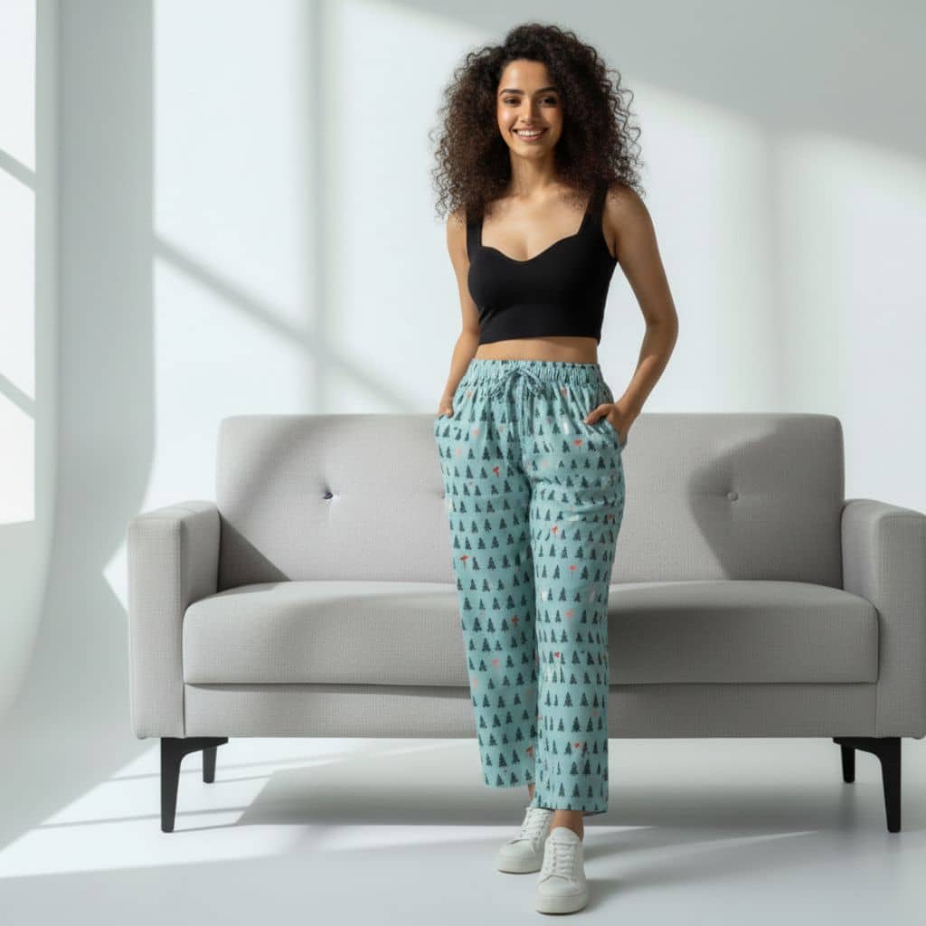 The Christmas Tree Motifs  Cotton Wide Leg Pant