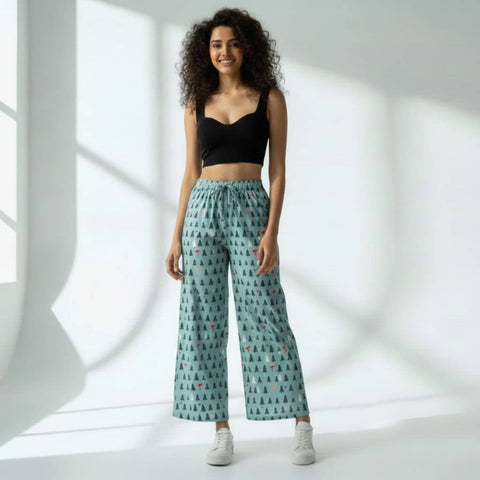 The Christmas Tree Motifs  Cotton Wide Leg Pant