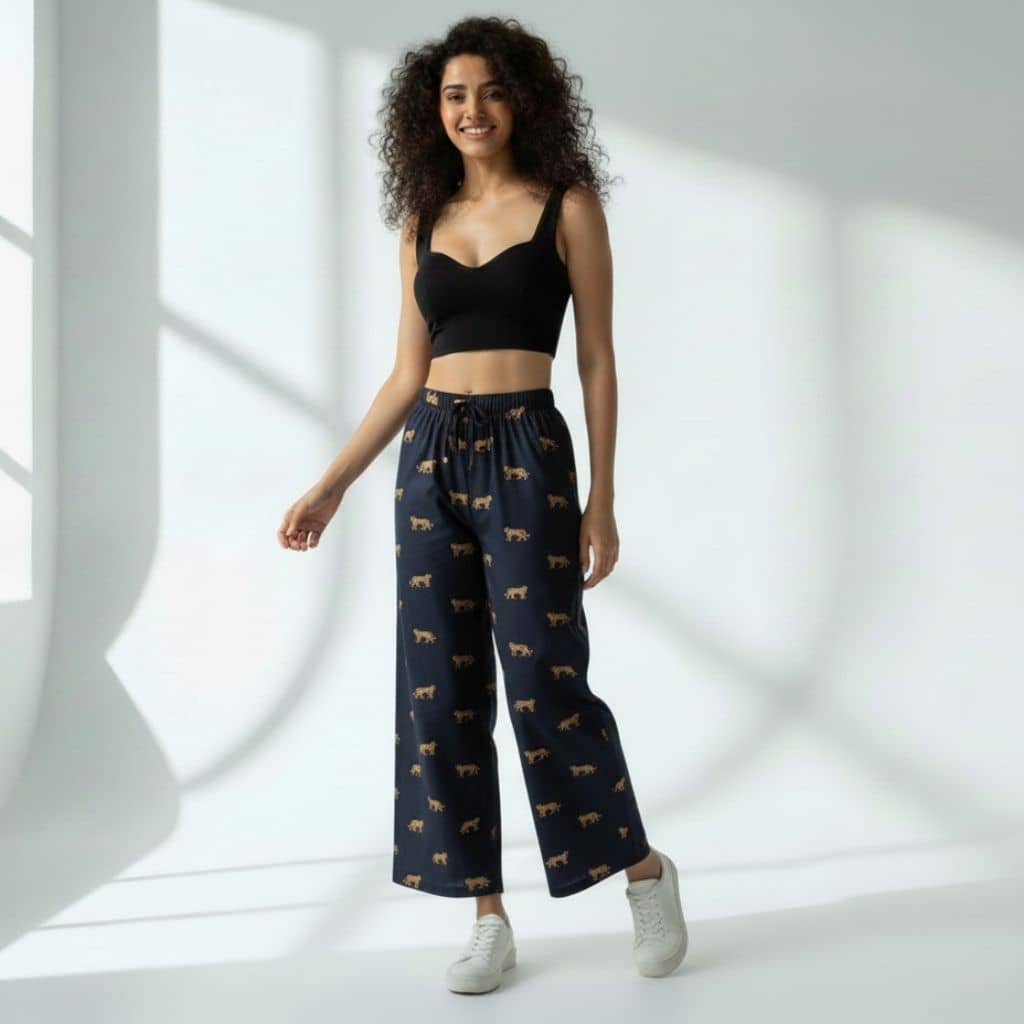 The Tiger in Black Cotton Wide Leg Pant