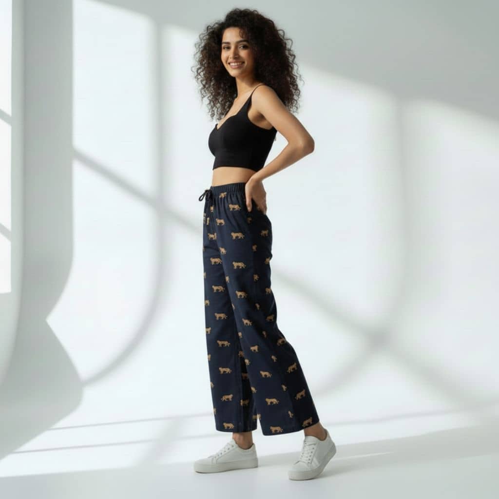 The Tiger in Black Cotton Wide Leg Pant