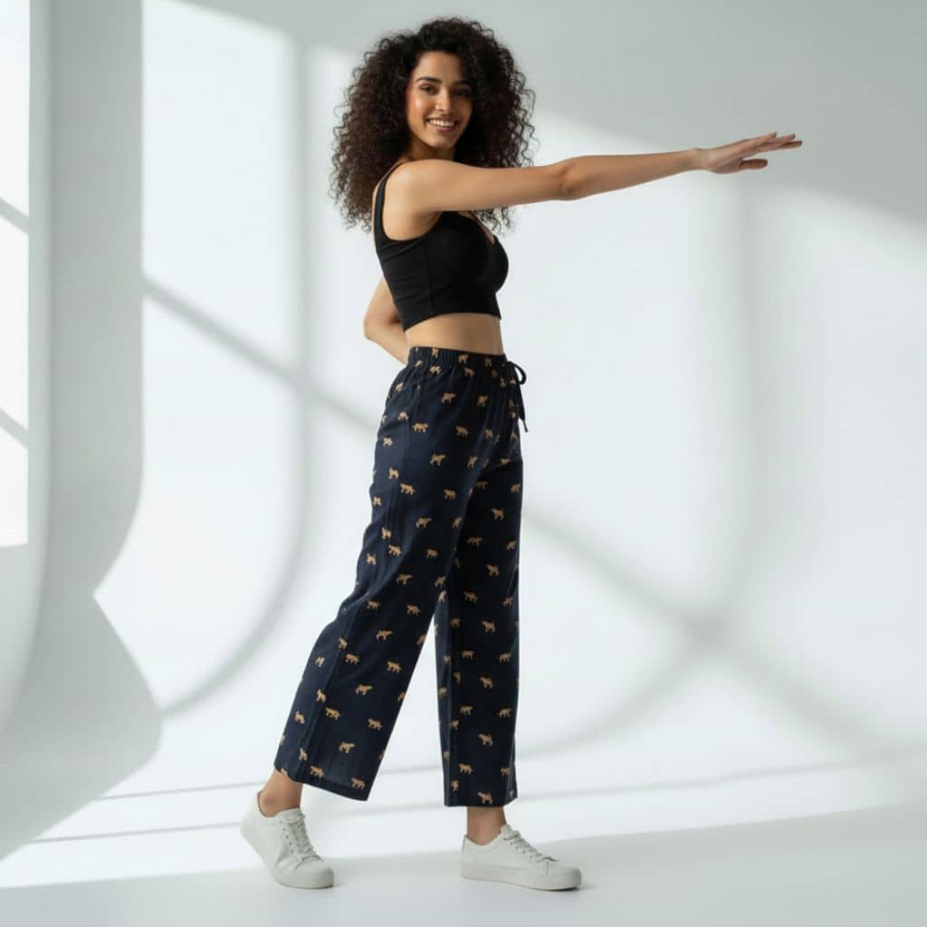 The Tiger in Black Cotton Wide Leg Pant