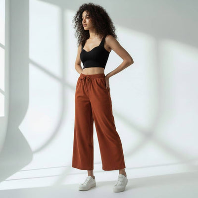 The Solid Brown Cotton Wide Leg Pant