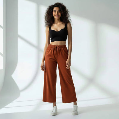 The Solid Brown Cotton Wide Leg Pant
