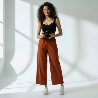 The Solid Brown Cotton Wide Leg Pant