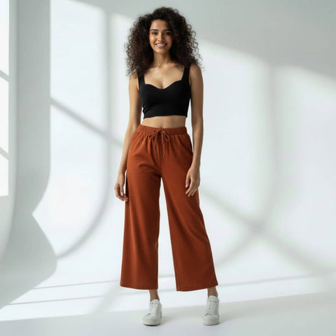 The Solid Brown Cotton Wide Leg Pant