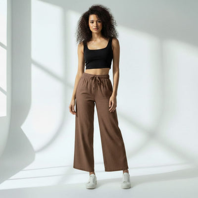 The Solid Brown Cotton Wide Leg Pant