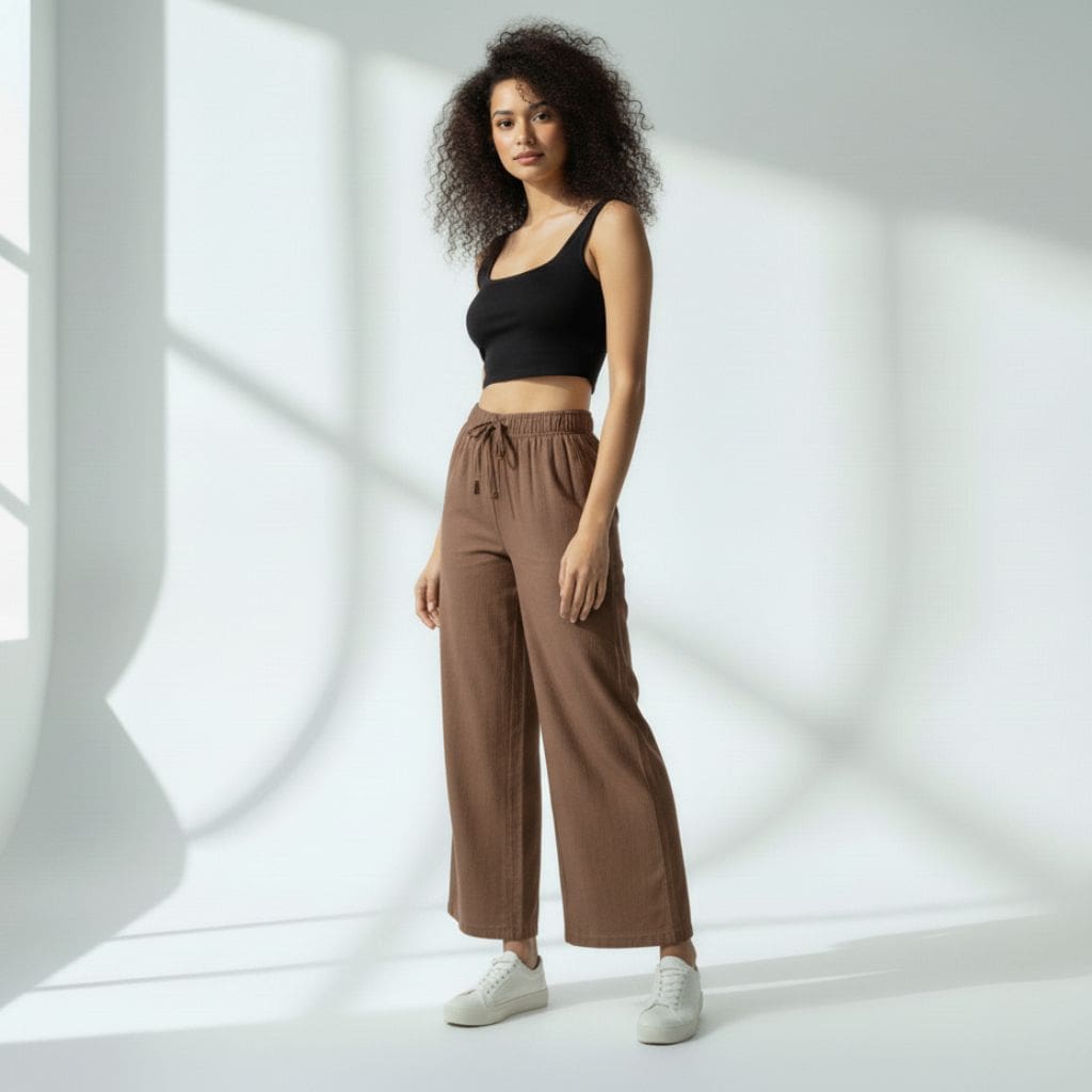 The Solid Brown Cotton Wide Leg Pant