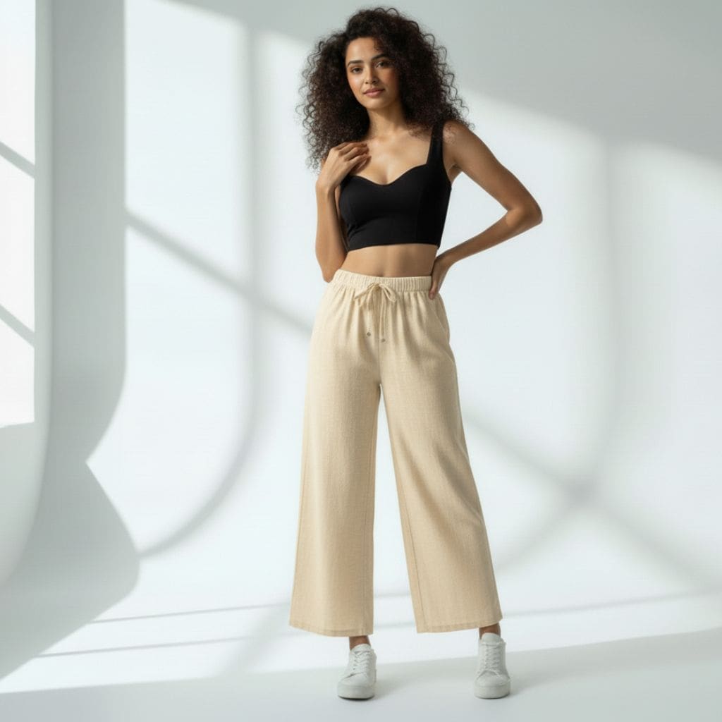 The Solid Cream Cotton Wide Leg Pant