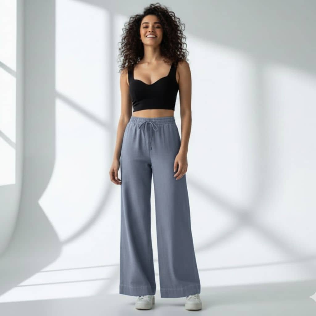 The Solid Light Blue Cotton Wide Leg Pant