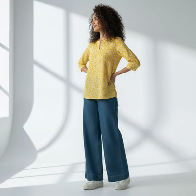 The Yellow Viscose V-Notch Neck Short Kurta