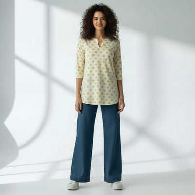 The Polka Navy Cotton Poplin & Floral Cream Cotton V-Notch Neck Short Kurta