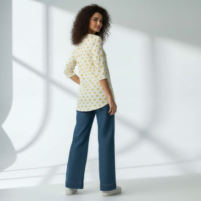 The Polka Navy Cotton Poplin & Floral Cream Cotton V-Notch Neck Short Kurta