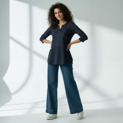 The Polka Navy Cotton Poplin & Floral Cream Cotton V-Notch Neck Short Kurta