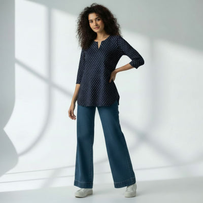 The Polka Navy Cotton Poplin & Floral Cream Cotton V-Notch Neck Short Kurta