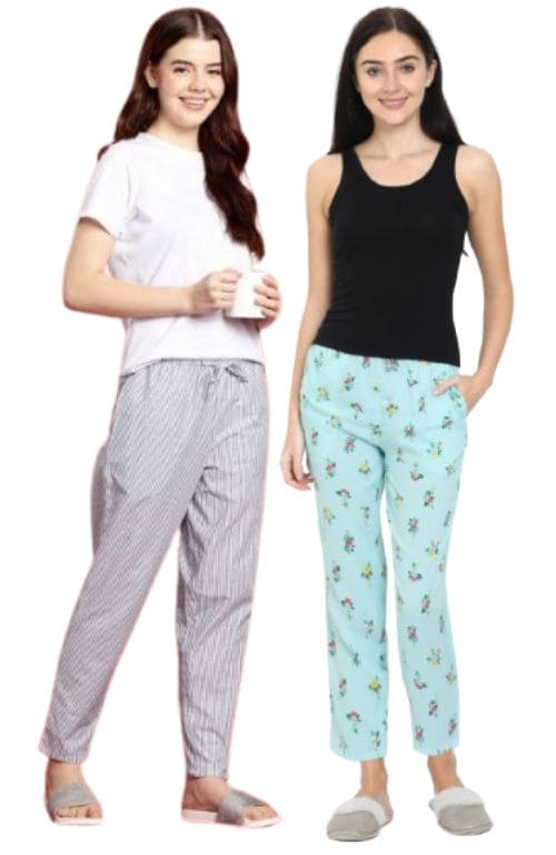 The Blooming Orchid Floral & Royal Stripe Women PJ Pant ( Pack of 2 )