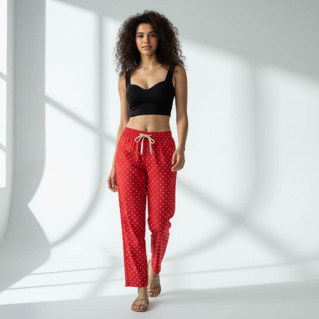 The Polka Red Tapered Straight Fit Pant