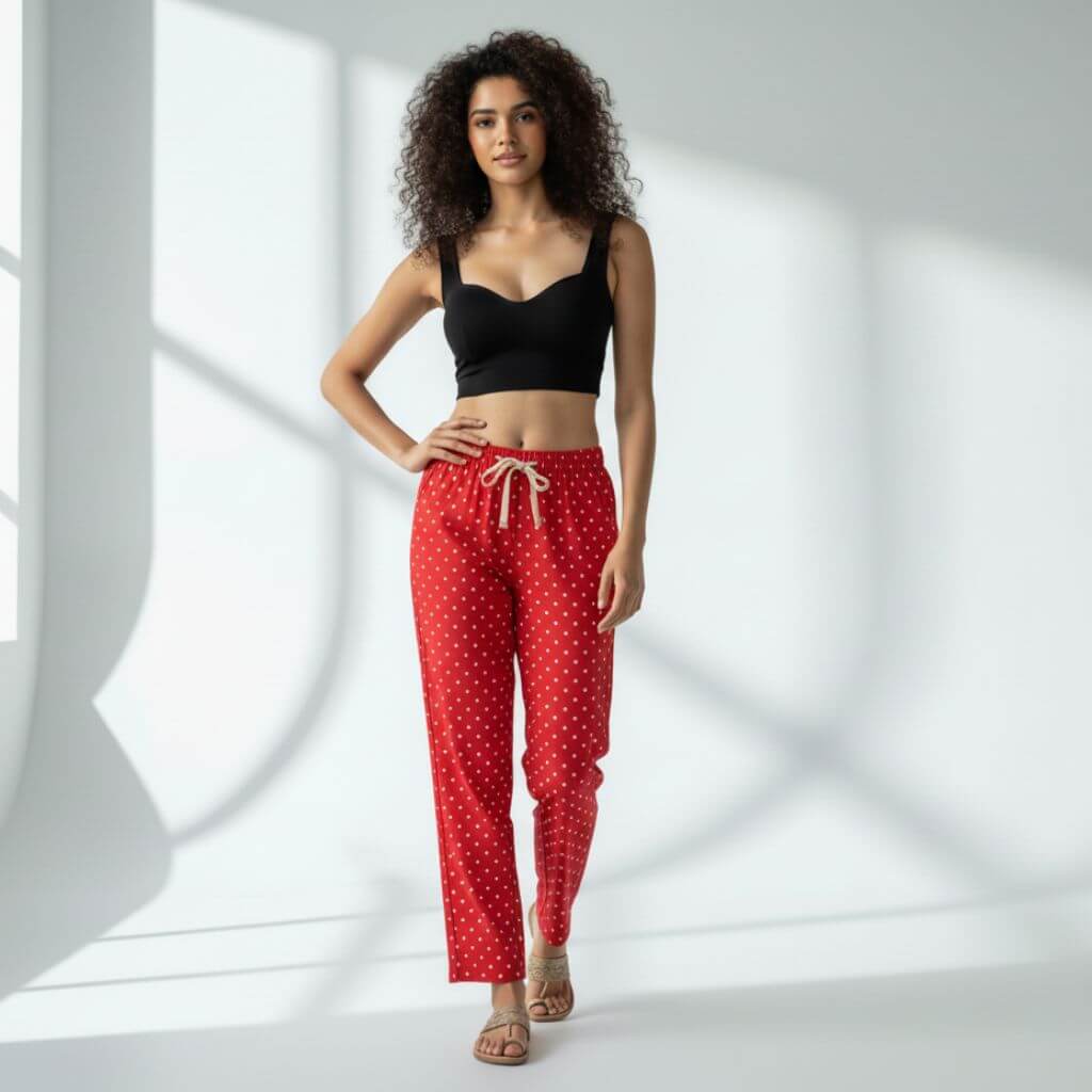 The Polka Red Tapered Straight Fit Pant