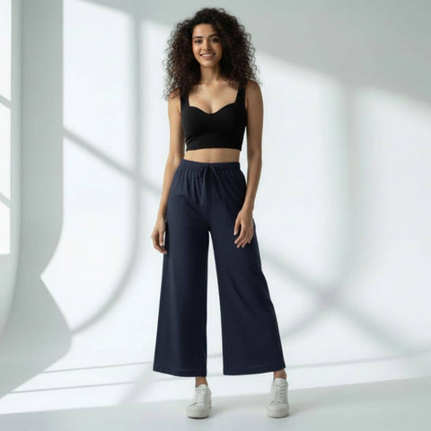 The Solid Navy Cotton Poplin Wide Leg Pant