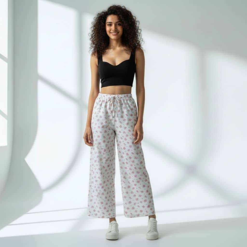The Floral in White Cotton Poplin Wide Leg Pant