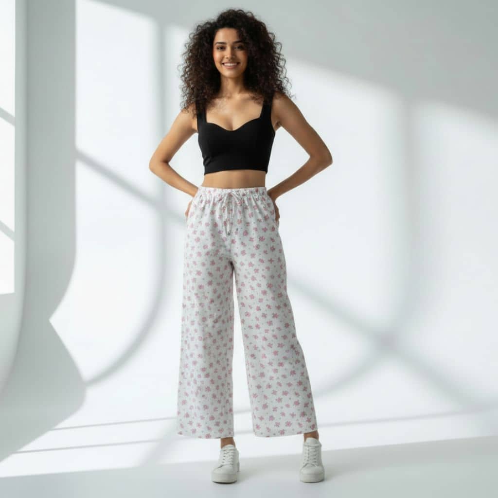 The Floral in White Cotton Poplin Wide Leg Pant