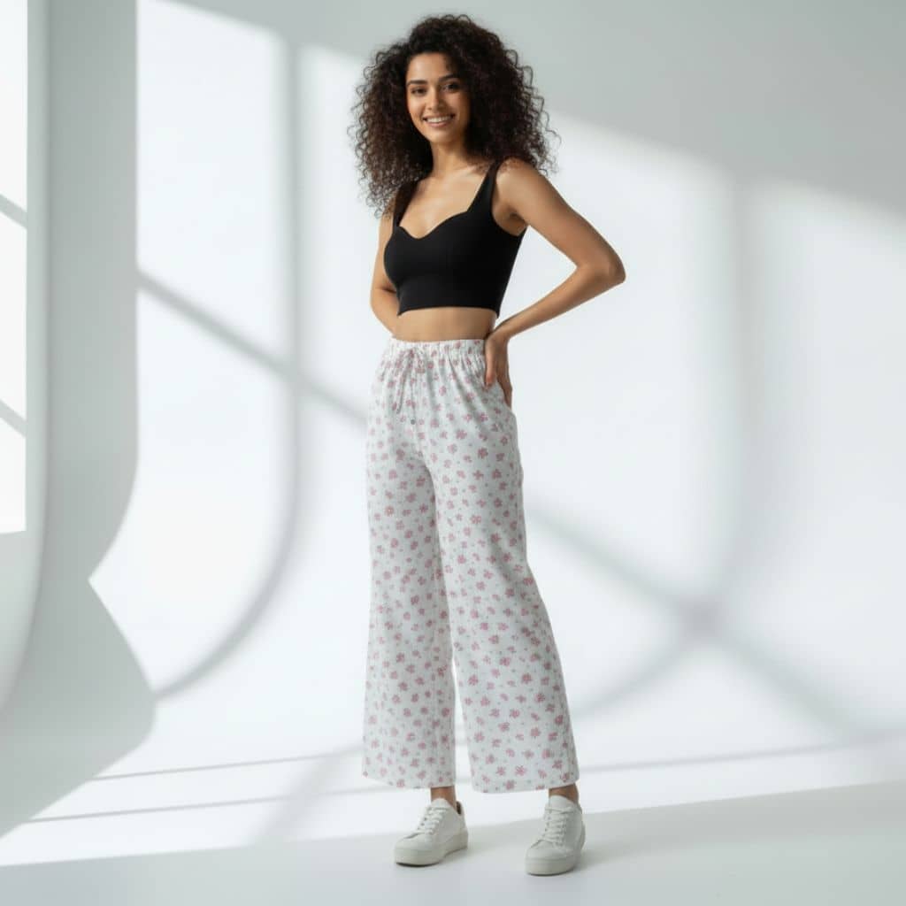 The Floral in White Cotton Poplin Wide Leg Pant