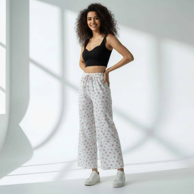The Floral in White Cotton Poplin Wide Leg Pant