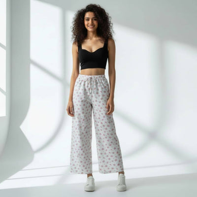 The Floral in White Cotton Poplin Wide Leg Pant