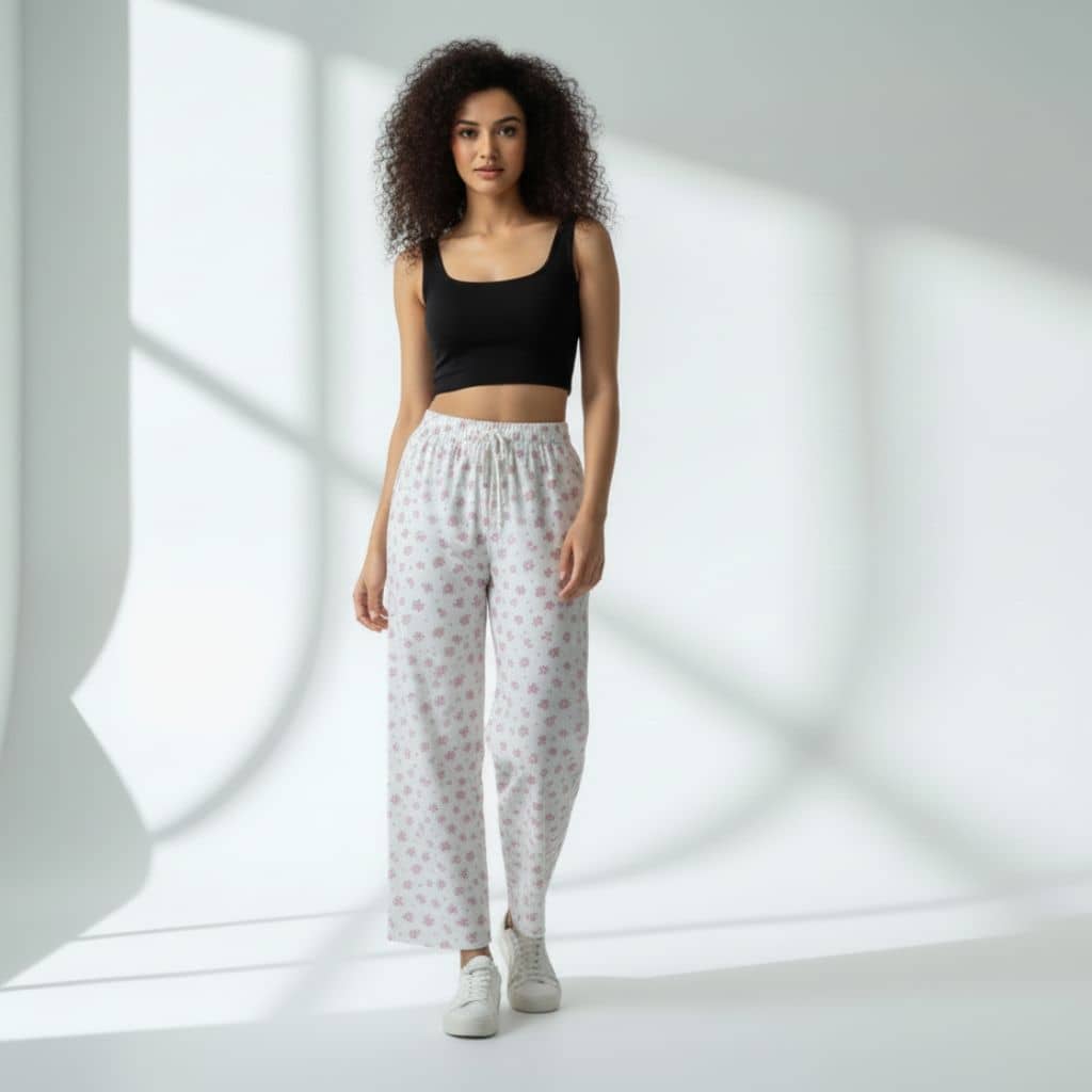 The Floral in White Cotton Poplin Wide Leg Pant