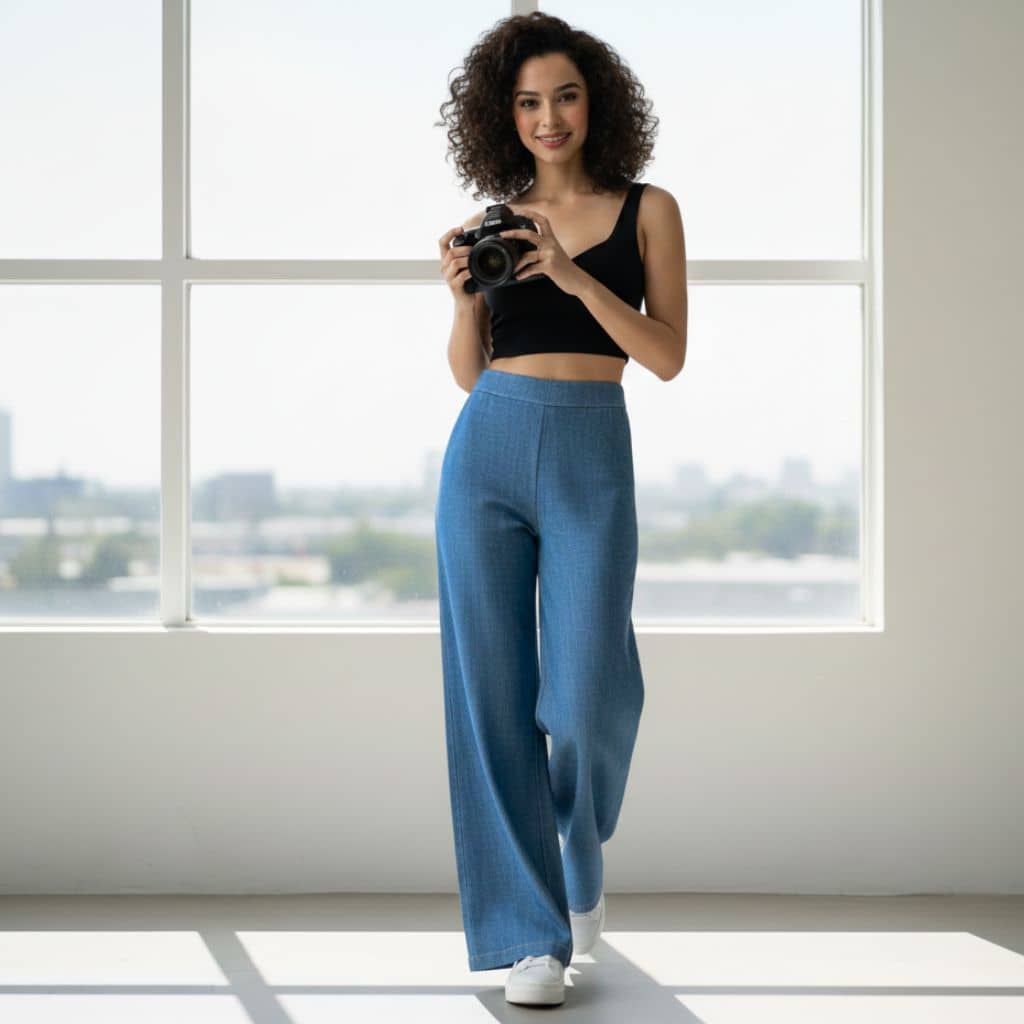 THICK in Blue Denim High Waist Wide Leg Trousers