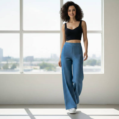 THICK in Blue Denim High Waist Wide Leg Trousers