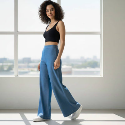 THICK in Blue Denim High Waist Wide Leg Trousers