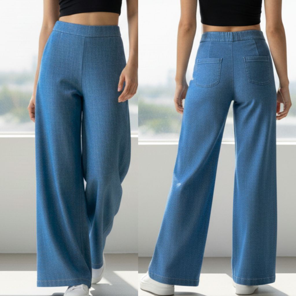 THICK in Blue Denim High Waist Wide Leg Trousers